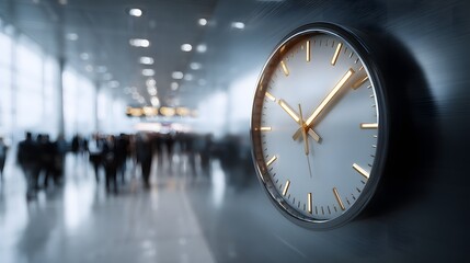 A large clock mounted on a wall displays the time to a blurred crowd of people moving through a large, modern building space.