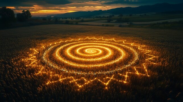 Glowing Geometric Crop Circle in a Wheat Field at Night