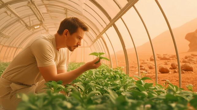 A scientist examines young plants inside a greenhouse on Mars. T