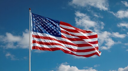 Obraz premium Waving American flag against a bright blue sky dotted with fluffy white clouds, a symbol of freedom and national pride on full display