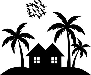 Obraz premium Tropical Shore Home with Curved Palm Trees Silhouette