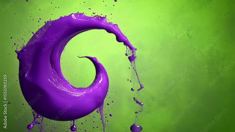 Poster vivid purple paint spiraling, splashing, and rotating dynamically against luminous green screen, gen