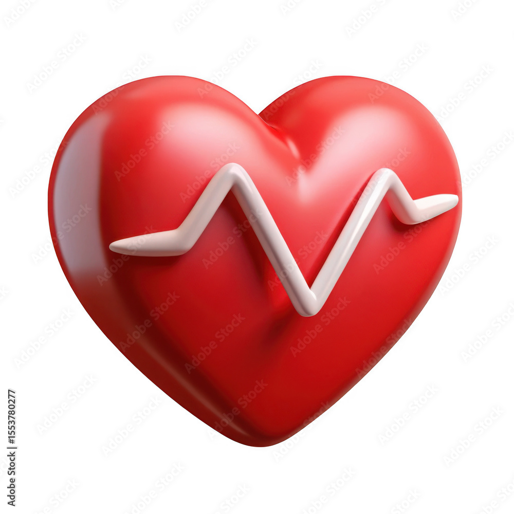 Poster 3d rendered red heart with ekg line isolated on transparent background