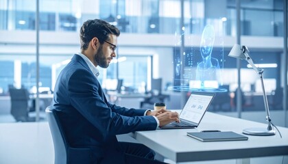 Businessman using smartphone with digital interface concept. Generated image