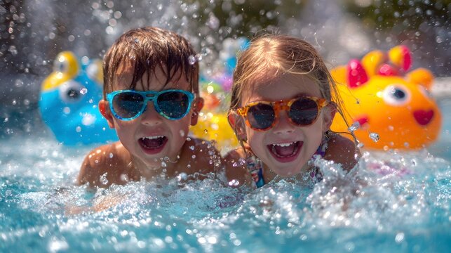 Two children wearing sunglasses are beaming while playing and swimming in a pool. The splashing water adds to their joyful summer experience.