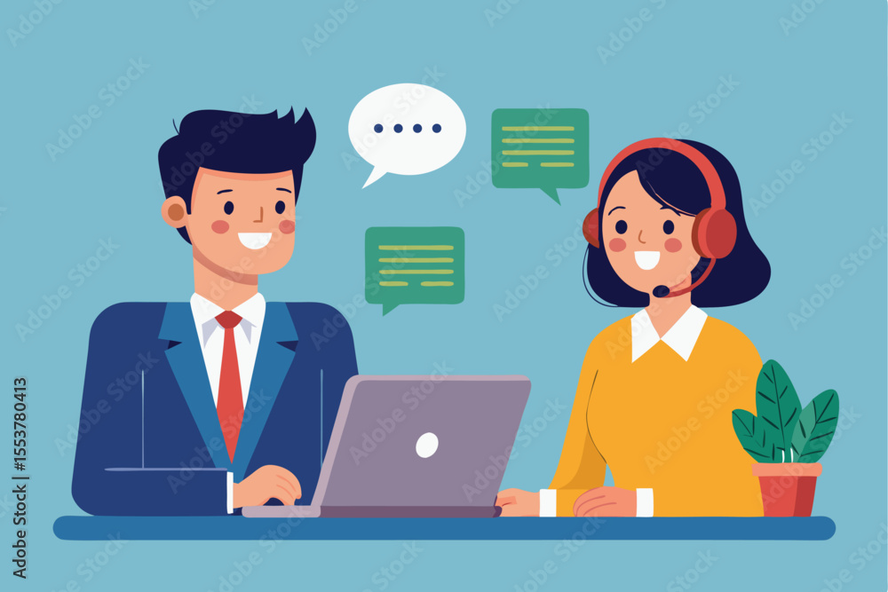 Poster customer service representative engages in communication with a client over a laptop during an onlin