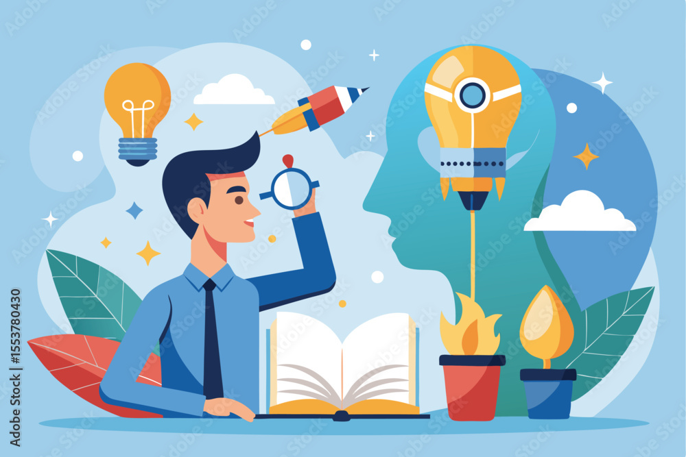 Poster man using creativity to generate ideas with a book and lightbulbs in a colorful design