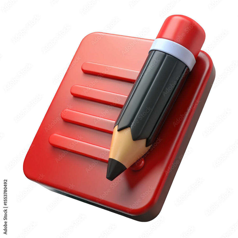 Poster 3d rendered red notepad and pencil icon isolated on transparent background