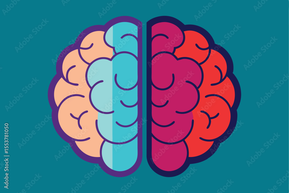 Poster flat design illustration of the left and right hemispheres of the human brain showcasing cognitive f