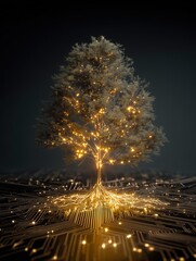 Futuristic tree design with glowing lights on a circuit board background.