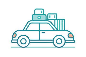 Fototapeta premium Simple line drawing of a car loaded with various pieces of luggage ready for travel on a clear day in a casual setting