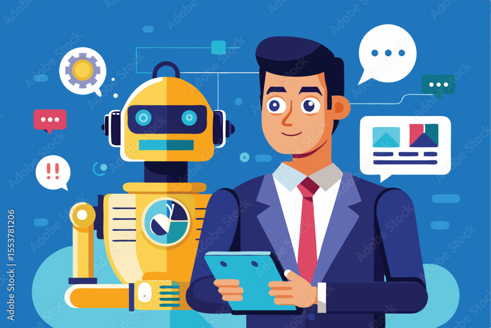 Poster businessman collaborates with chatbot for enhanced productivity and efficient communication in a mod