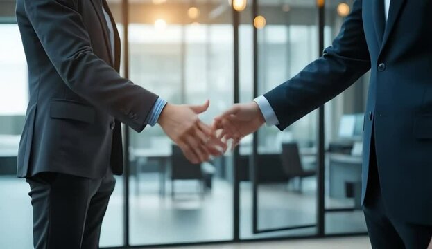 Two businessmen shaking hands formal suit deal in office