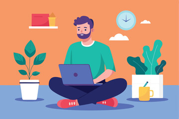 Man seated on the floor in a cozy room working on a laptop surrounded by indoor plants and a clock on the wall