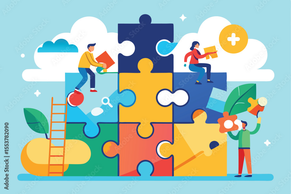 Poster building pathways to achievement through collaboration and creativity using puzzle pieces to symboli