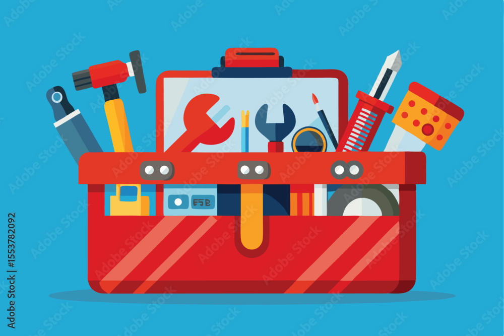Poster workman's toolkit featuring a red toolbox filled with essential instruments for various repairs and 