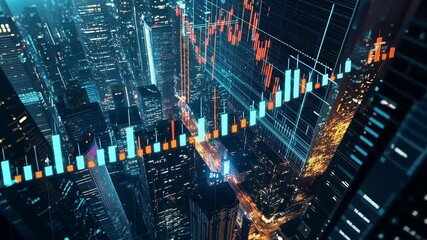 Immersive data analysis interface showcasing stock market values and financial trends projected over a futuristic night cityscape, highlighting technology's role in urban development - Powered by Adobe