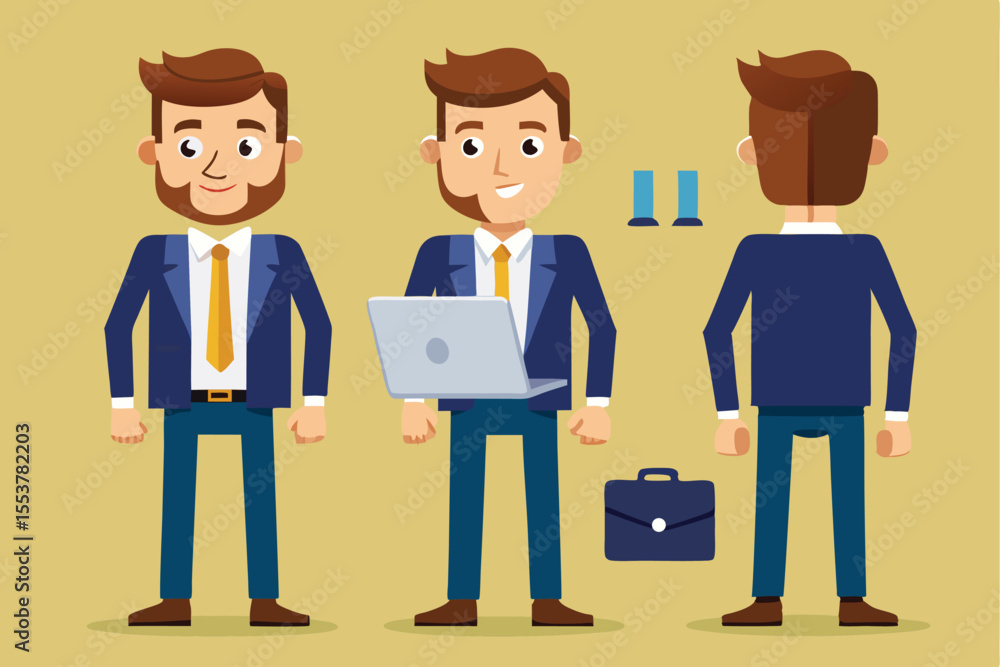 Poster Business man character constructor showcasing different angles while holding a laptop, perfect for design and animation projects in a creative setting