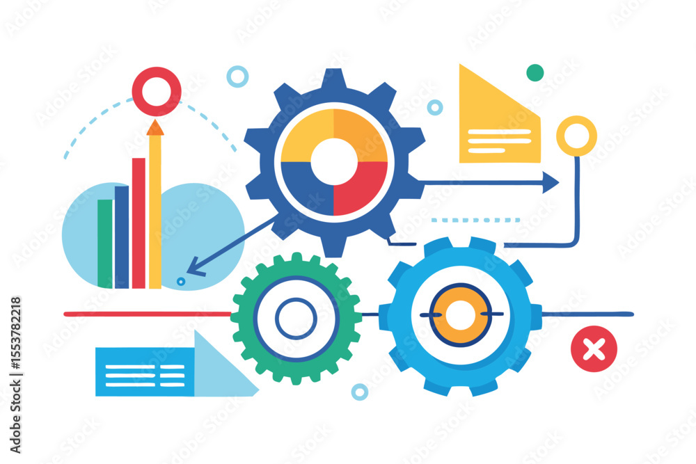 Poster cogwheels in motion illustrating the working process in an infographic style with data visualization