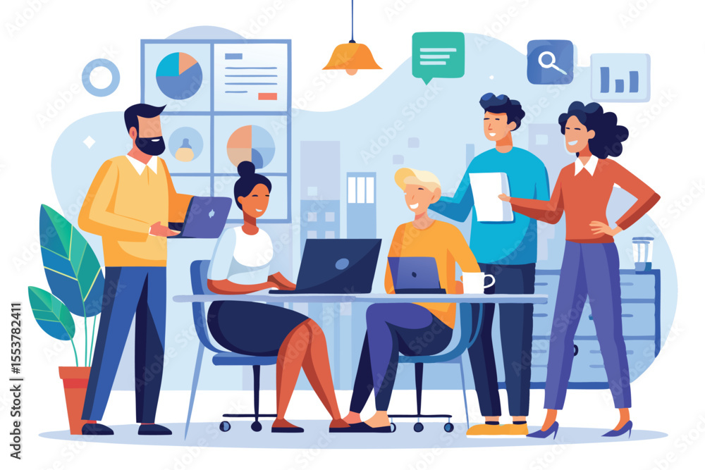 Poster team of professionals collaborate in a modern office environment during a brainstorming session focu