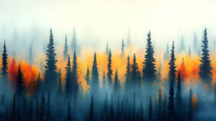 Obraz premium Misty Forest Silhouette with Autumnal Hues and Ethereal Light