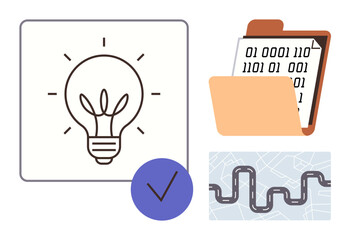 Light bulb for creativity, file folder with binary code for data management, route on map for navigation, checkmark for validation. Ideal for innovation, planning, organization, problem-solving