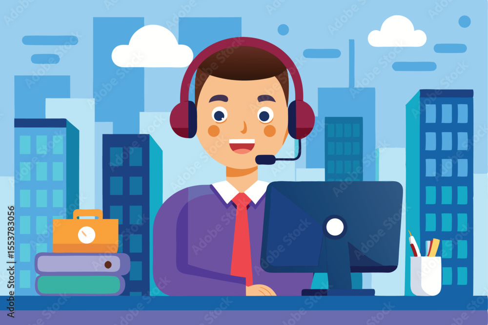 Poster customer support representative working at a call center in an urban environment, providing assistan