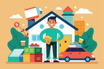 Obraz premium Man carrying heavy package stands outside home surrounded by boxes and a car while various buildings and trees fill the background during daytime in a colorful urban environment