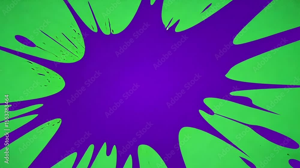 Poster purple paint is splashing dynamically against a vibrant green screen backdrop, creating a visually s