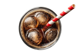 PNG Top view of refreshing fizzy cola with ice cubes and red striped straw