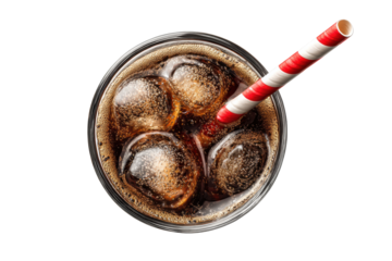 PNG Top view of refreshing fizzy cola with ice cubes and red striped straw