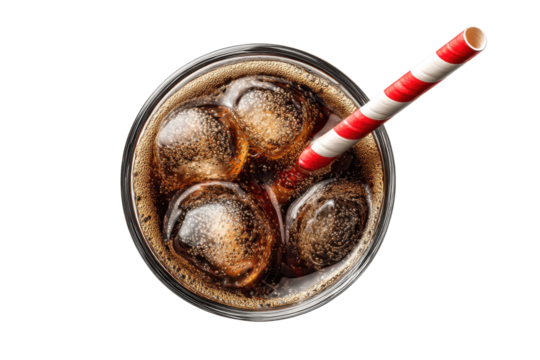 PNG Top view of refreshing fizzy cola with ice cubes and red striped straw