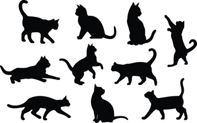 Set of black cat silhouettes icons in various poses isolated on transparent background. Perfect for logos, decals, apparel design. Vector illustration.