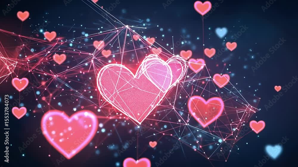 Poster pink hearts made of light and connected by a network of lines and dots are floating in a dark cybers