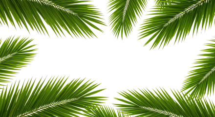 Obraz premium Green Palm leaves in borders with copy space isolated on transparent background , Green plam leaves collections PNG
