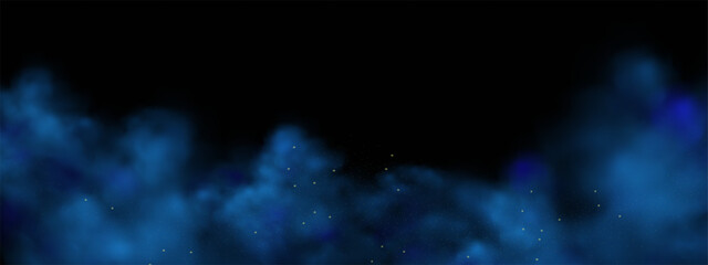  Luxury navy blue night sky background with golden stars, magical glitter, and bokeh sparkle. Abstract dark frame for holiday or wedding cards. Vector banner design with golden celestial dust.