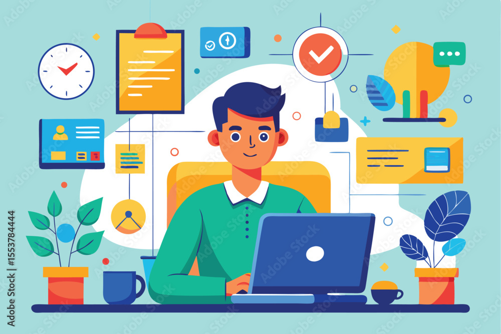 Poster man engaging in focused work at a laptop surrounded by various organizational elements in an office 