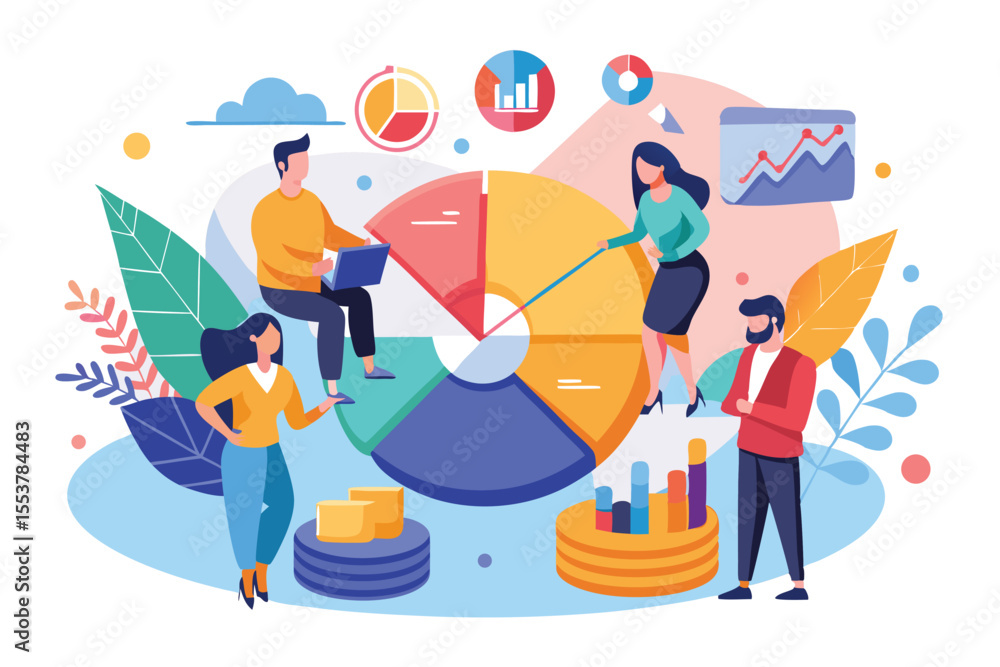 Poster business professionals collaborate to analyze data using charts and graphs in a modern office enviro