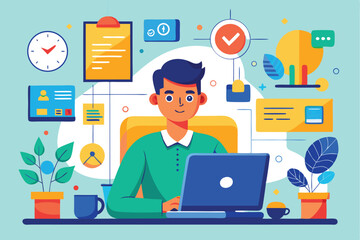 Fototapeta premium Man engaging in focused work at a laptop surrounded by various organizational elements in an office environment during daytime