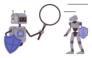 AI robot holding magnifying glass examines another robot holding a shield. Ideal for AI, cybersecurity, innovation, automation, robotics, data security, and safety concepts. Simple flat metaphor