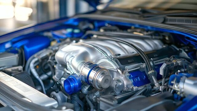 Close-up view of a car engine with polished metal pistons, turbocharger compressor housing, connected hoses, belts and wiring looms, emphasizing automotive engineering and maintena
