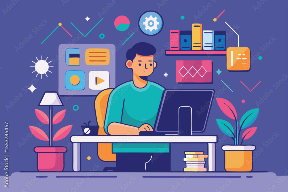 Poster it professional working from home in a cozy, modern workspace surrounded by plants and personal item