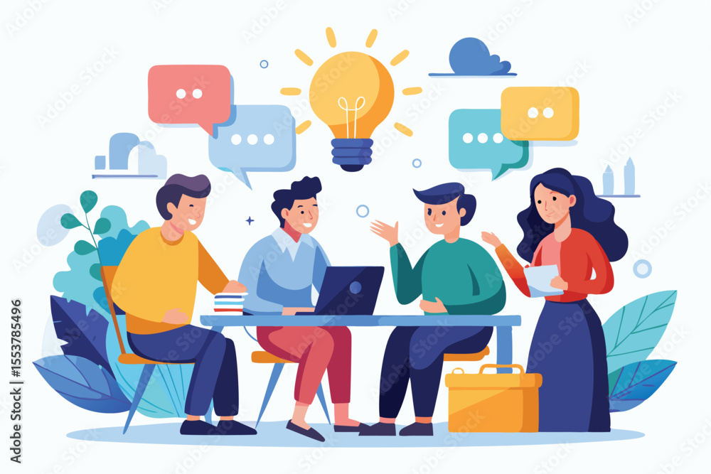 Poster group of people engaging in a discussion around a laptop while sharing ideas and insights in a colla