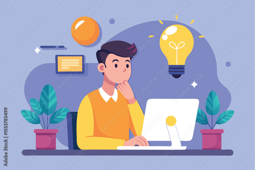 Aufkleber man brainstorming ideas while working at his desk with a cartoon light bulb illuminating creative th