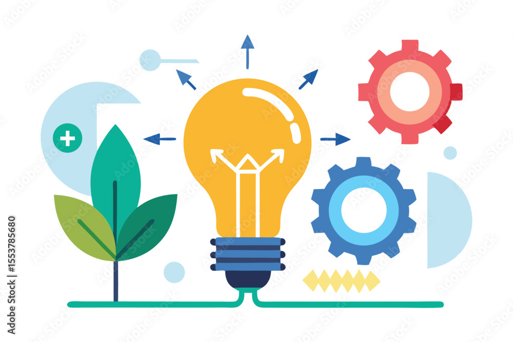 Poster innovative concept featuring a light bulb with arrows and gear icons for idea development in a creat