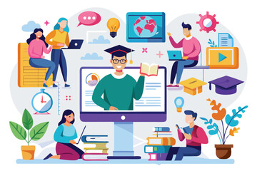 Online education composition featuring individuals actively engaging in learning activities through digital platforms at home or study spaces