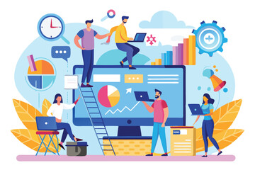 Promotion of online business strategies with diverse professionals collaborating on digital marketing efforts during a busy workday