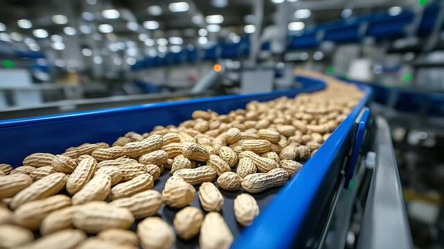 Focus on harvested peanuts as they move steadily on the conveyor belt, each shell detailed with rustic patterns, blending agriculture authenticity with food industry precision.