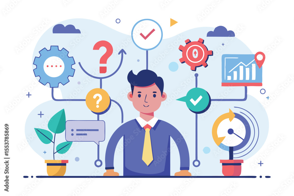 Poster decision making process illustrated with flat design elements showing a person surrounded by symbols