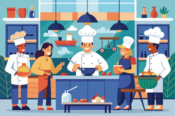 Chefs working together in a vibrant kitchen preparing delicious meals during a bustling culinary session